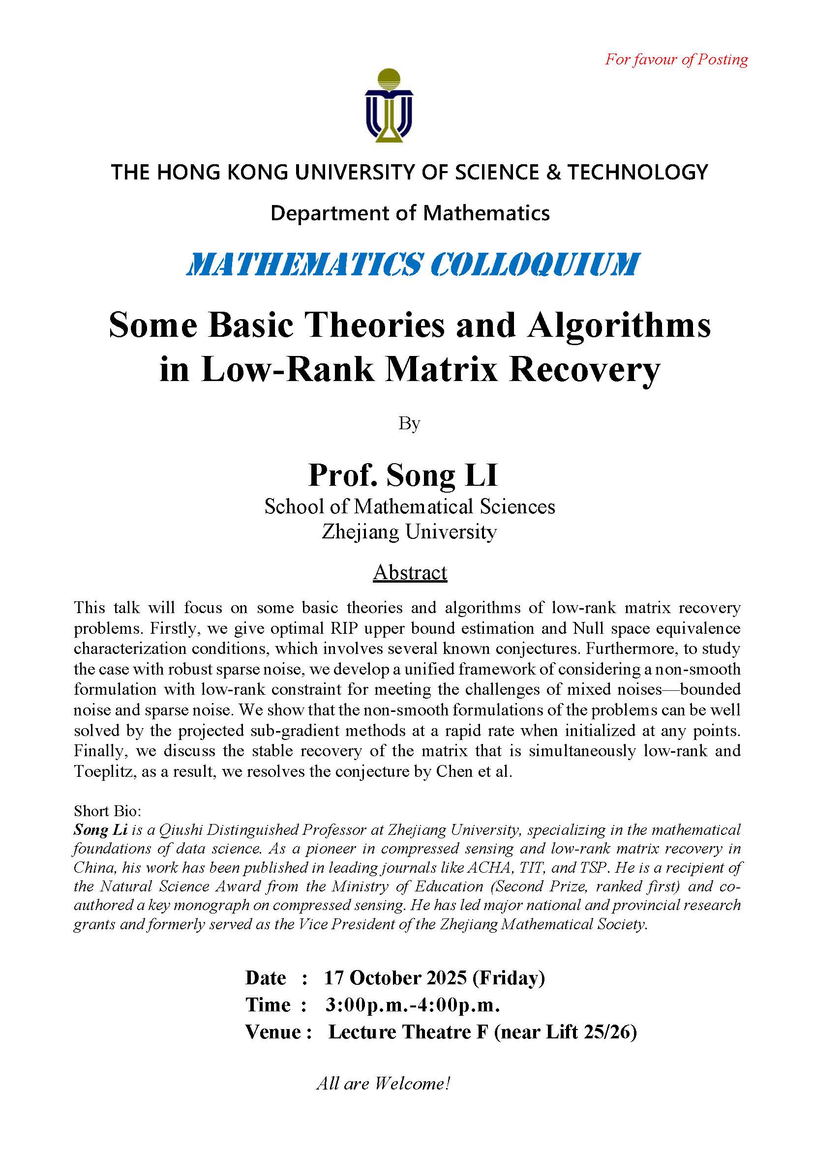 Department of Mathematics - Mathematics Colloquium - Some Basic Theories and Algorithms in Low-Rank Matrix Recovery