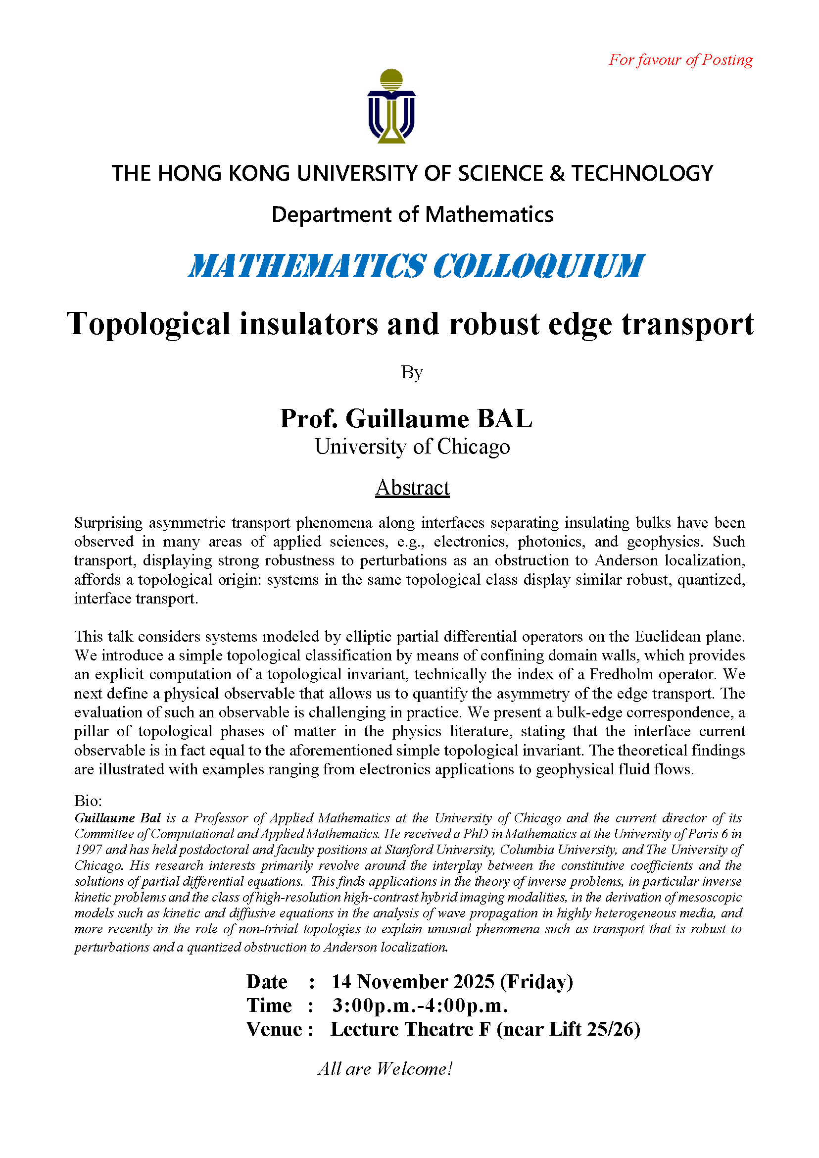 Department of Mathematics - Mathematics Colloquium - Topological insulators and robust edge transport