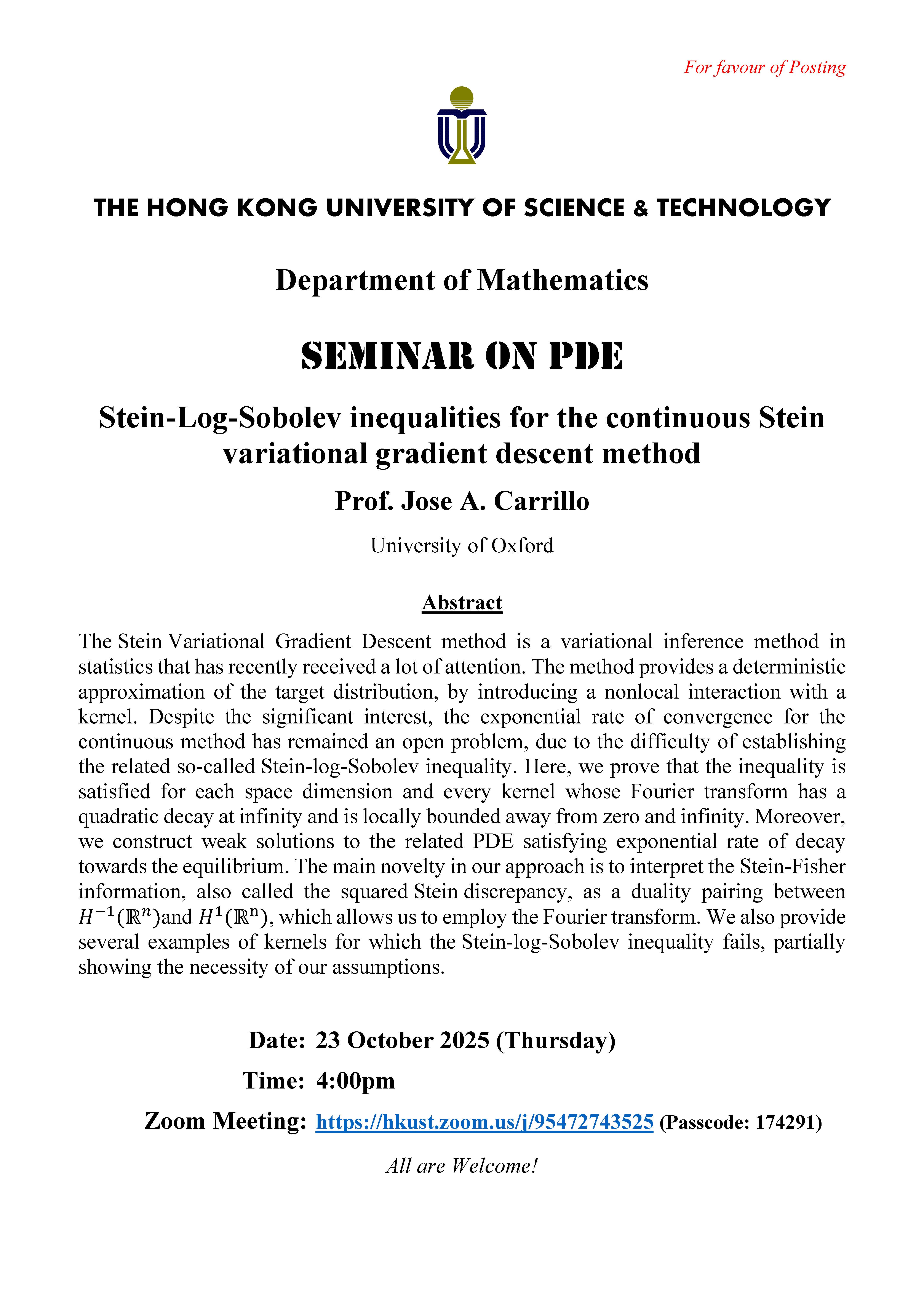 Department of Mathematics - Seminar on PDE - Stein-Log-Sobolev inequalities for the continuous Stein variational gradient descent method