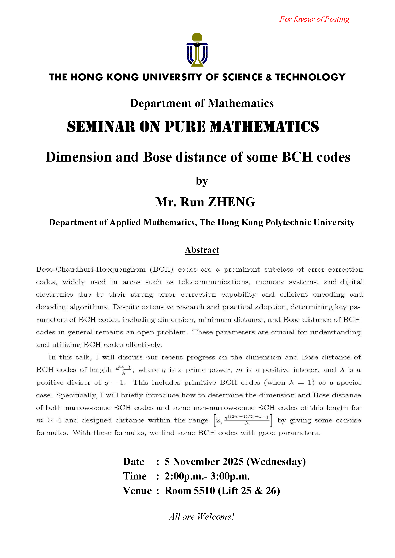 Department of Mathematics - Seminar on Pure Mathematics - Dimension and Bose distance of some BCH codes