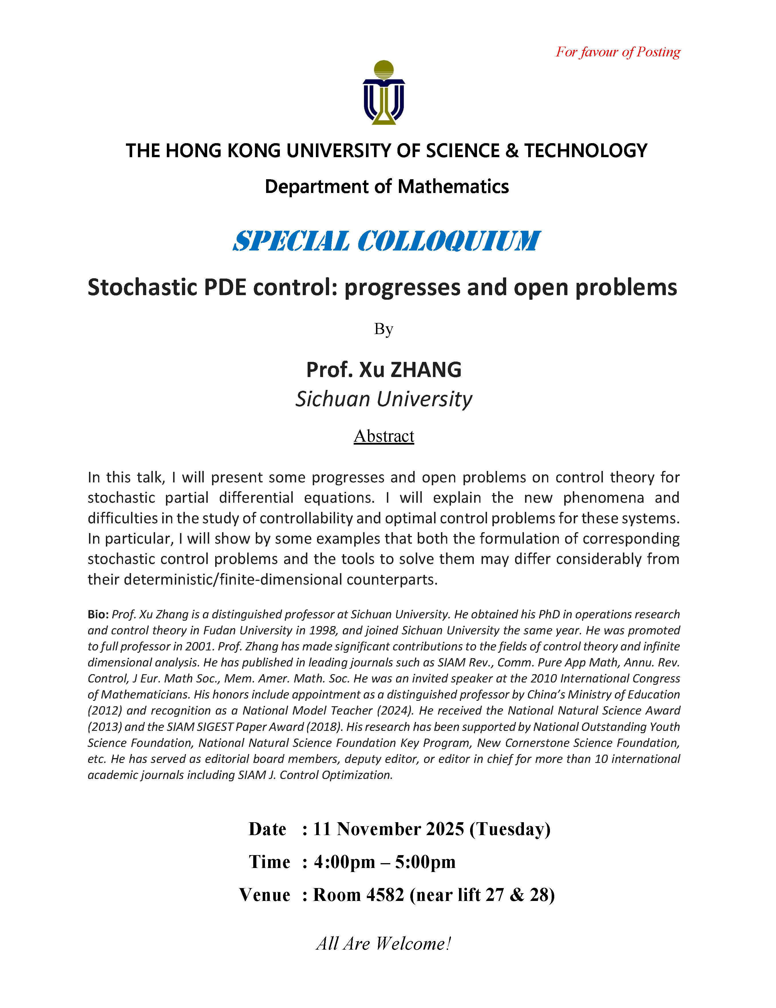 Department of Mathematics - Special Colloquium - Stochastic PDE control: progresses and open problems