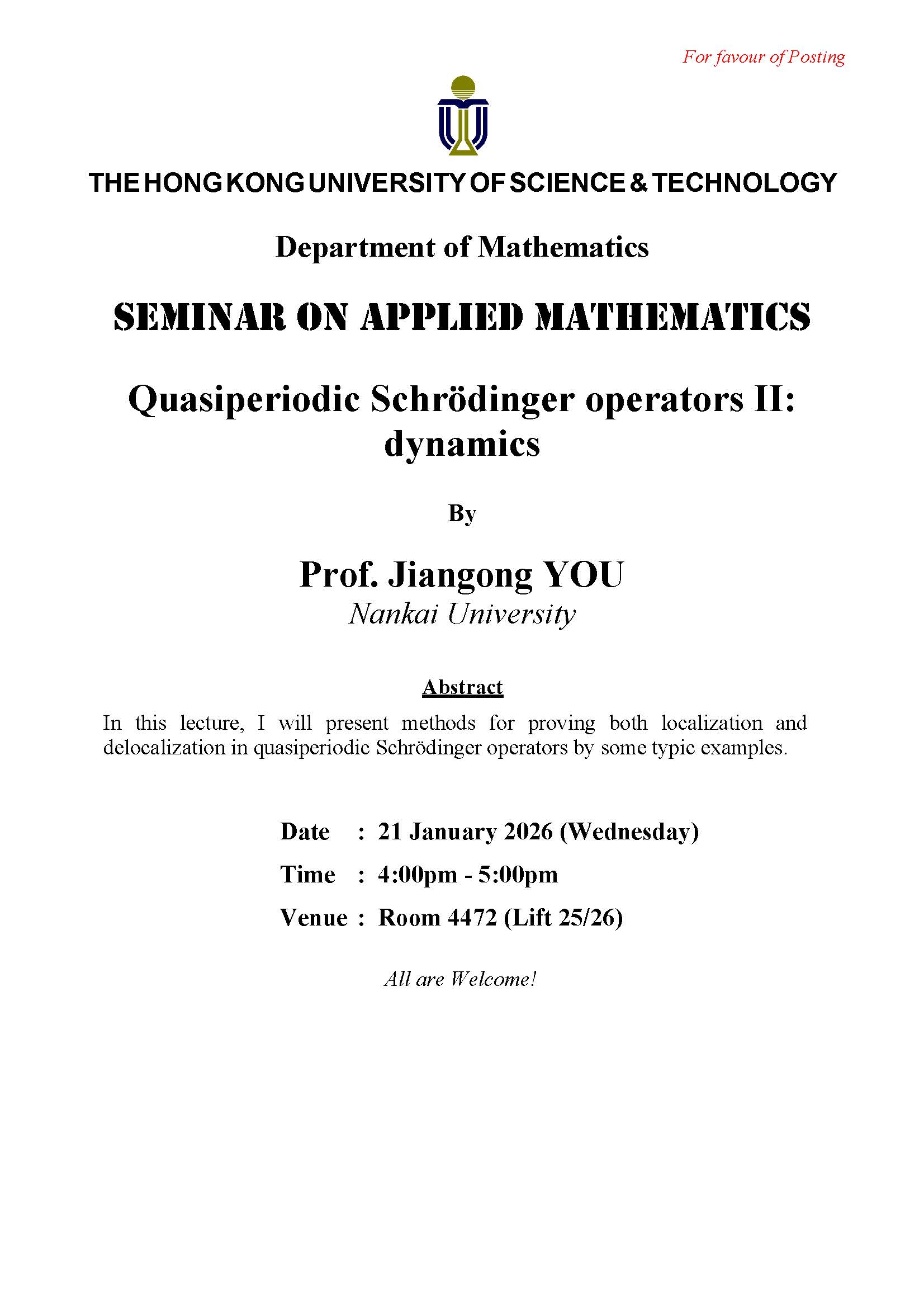 Department of Mathematics - Seminar on Applied Mathematics - Quasiperiodic Schrödinger operators II: dynamics