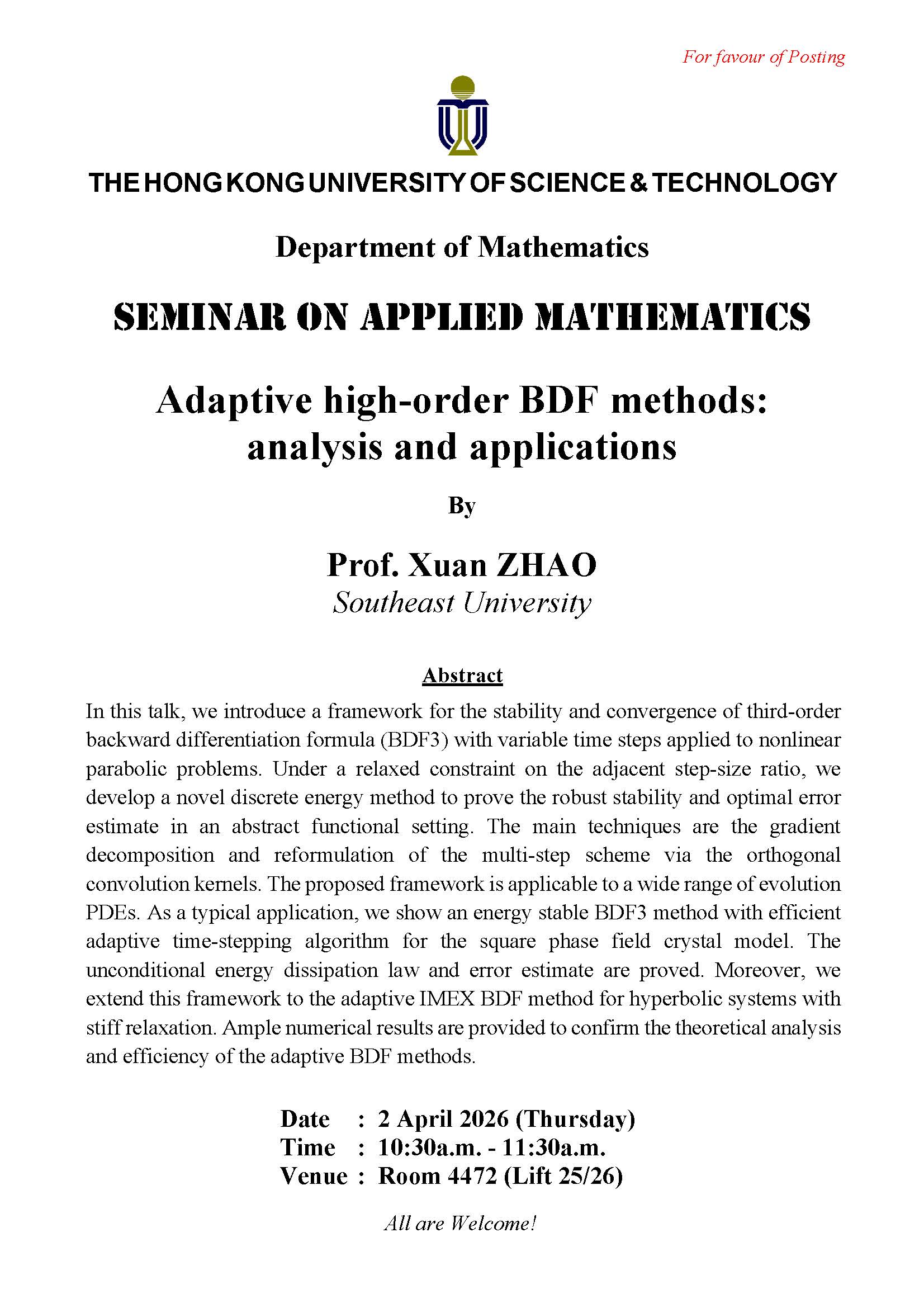 Seminar on Applied Mathematics - Adaptive high-order BDF methods: analysis and applications