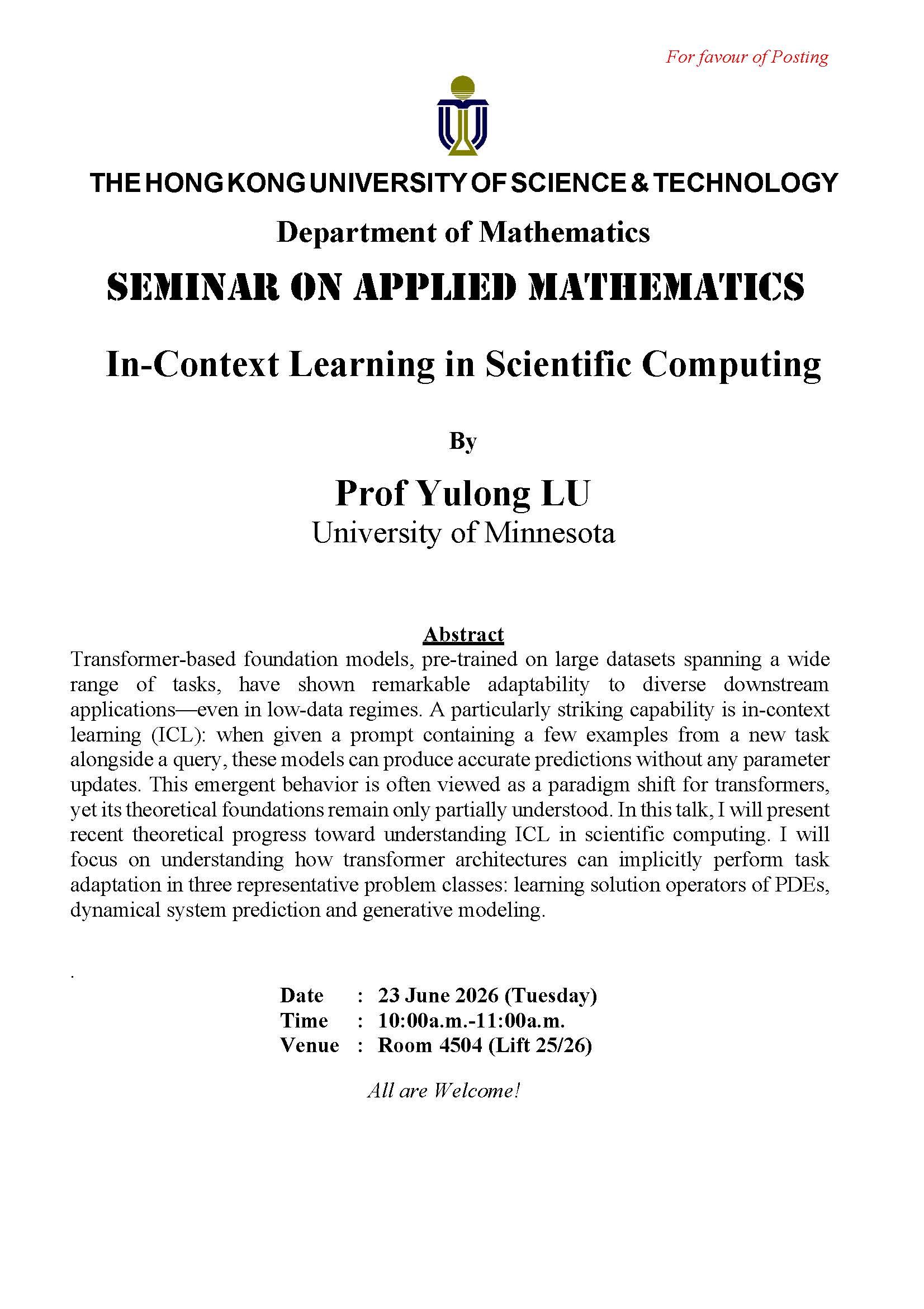 Department of Mathematics - Seminar on Applied Mathematics -In-Context Learning in Scientific Computing