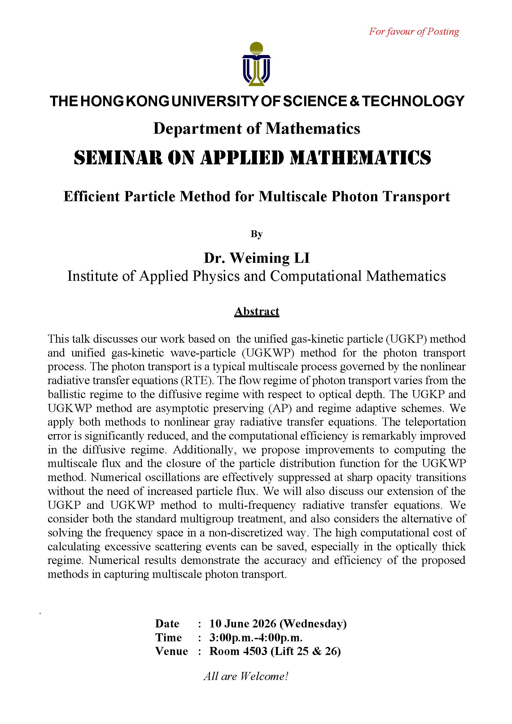 Department of Mathematics - Seminar on Applied Mathematics -Efficient Particle Method for Multiscale Photon Transport